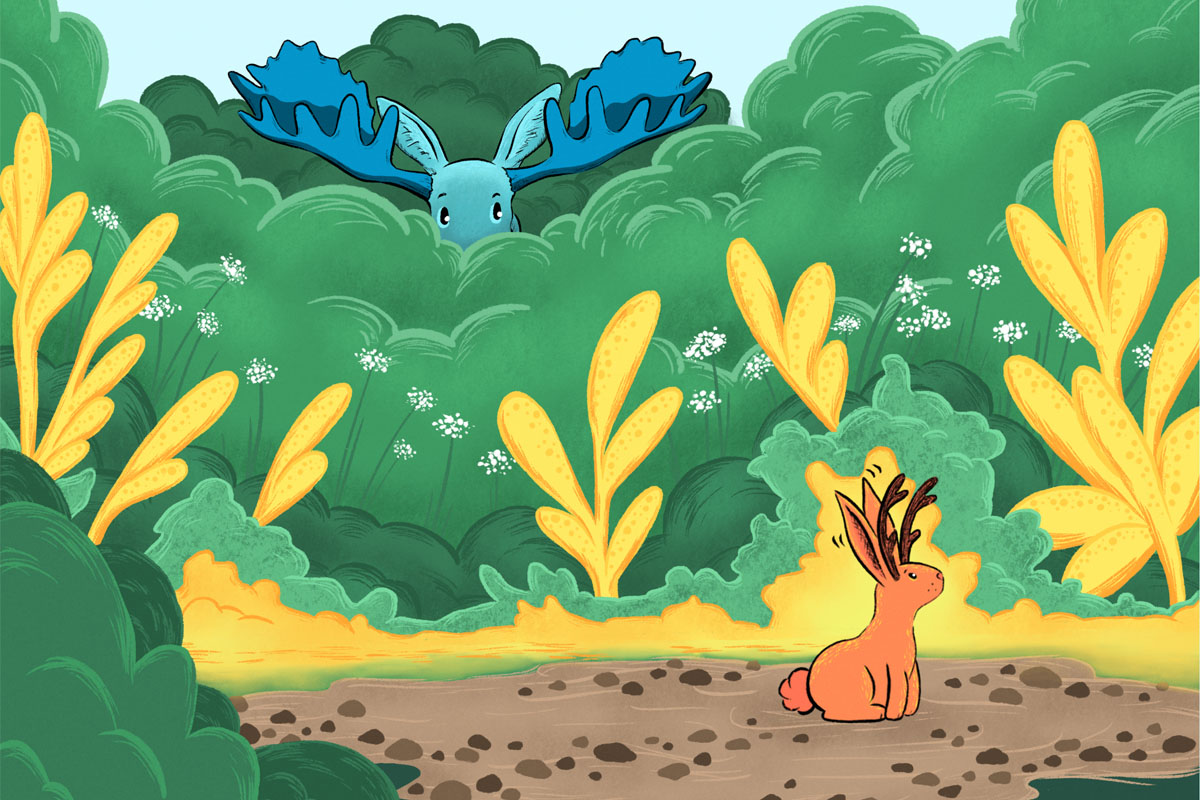 A moose hiding sees a jackalope in a magical forest